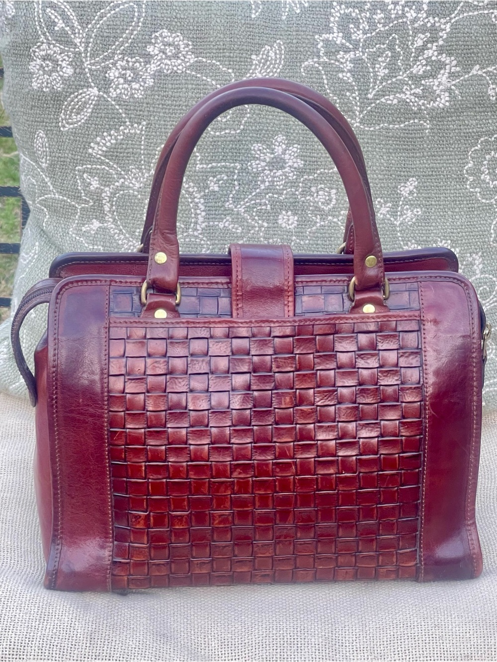 RARE Vintage Brahmin Woven Leather Satchel Handbag - Oxblood Burgundy - Picture 4 of 8